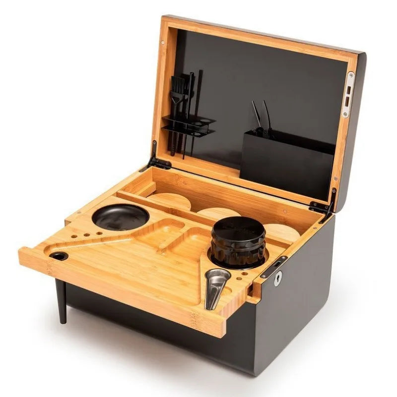 Premium Bamboo Storage Chest Movable Rolling Tray Wood Box Case Crusher Organizer Smoking Accessories Tools Table Decorations