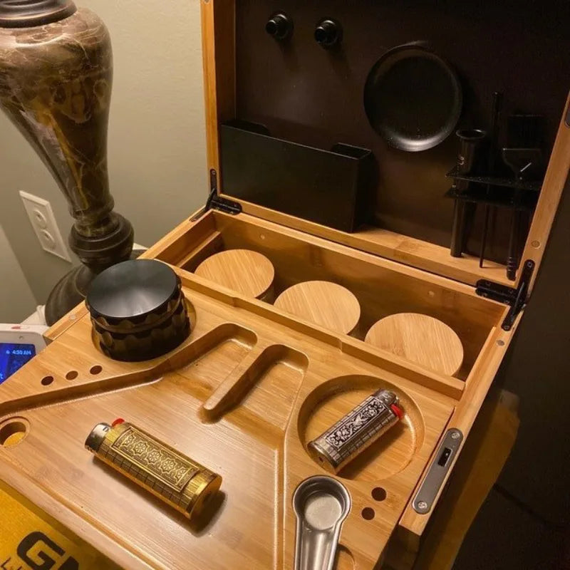 Premium Bamboo Storage Chest Movable Rolling Tray Wood Box Case Crusher Organizer Smoking Accessories Tools Table Decorations