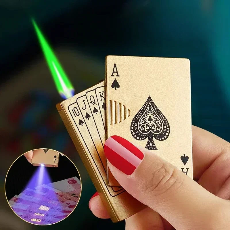 Creative Playing Cards Lighter Flashlight Windproof Straight Metal Lighter Metal Fun Toy for Smoking Accessories Men Small Gifts