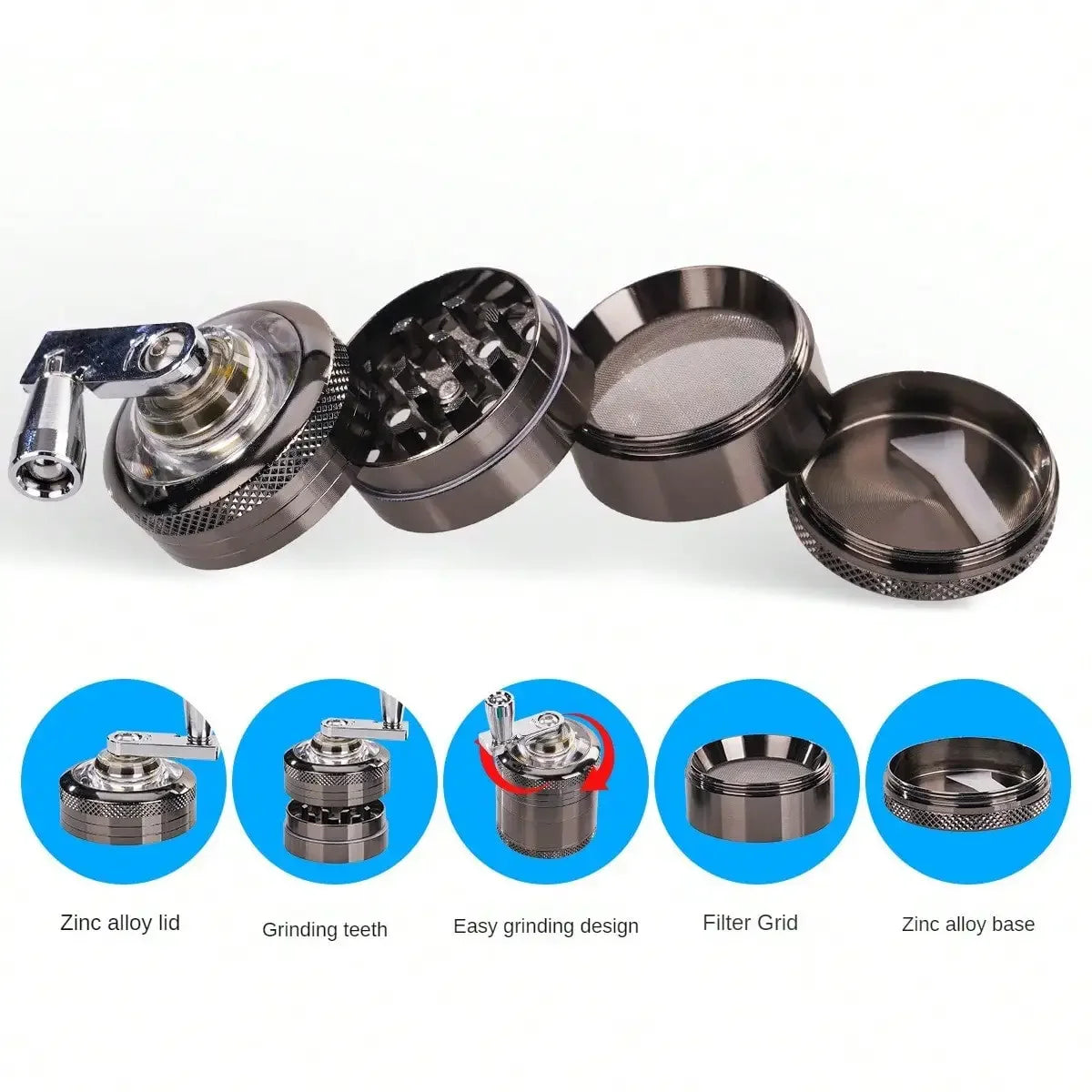 1.6Inch Handle Herb Grinder 4-Layer Manual Spice Mill Metal Pepper Salt Mortar Raw Grass Tobacco Grinder Cigarette Accessories
